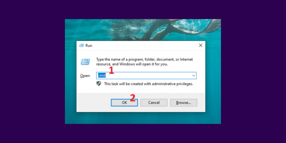 Nhấn tổ hợp Windows + R để mở cửa sổ Run, nhập lệnh cmd và nhấn Enter